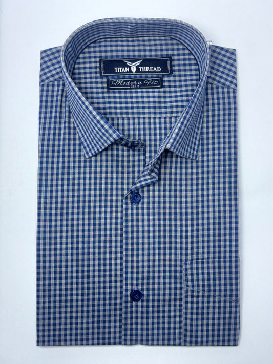 Blue & Gray Gingham Check Formal Shirt