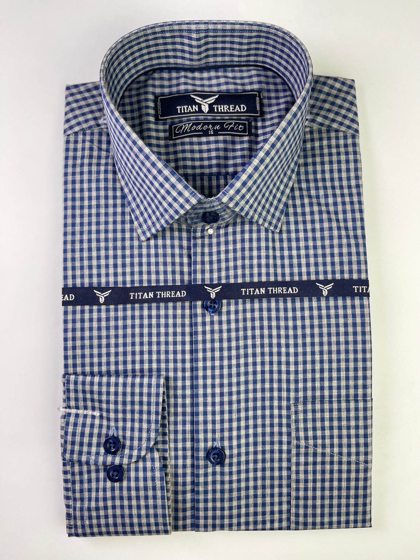 Blue & Gray Gingham Check Formal Shirt