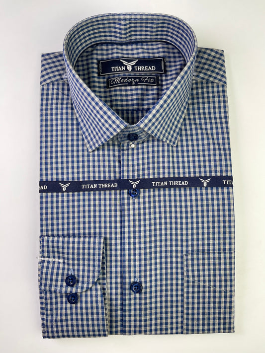 Blue & Gray Gingham Check Formal Shirt