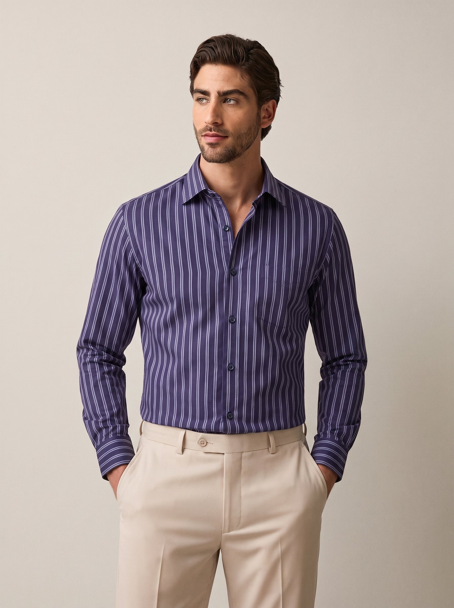Navy Blue & Gray Verticle Stripe Formal Shirt