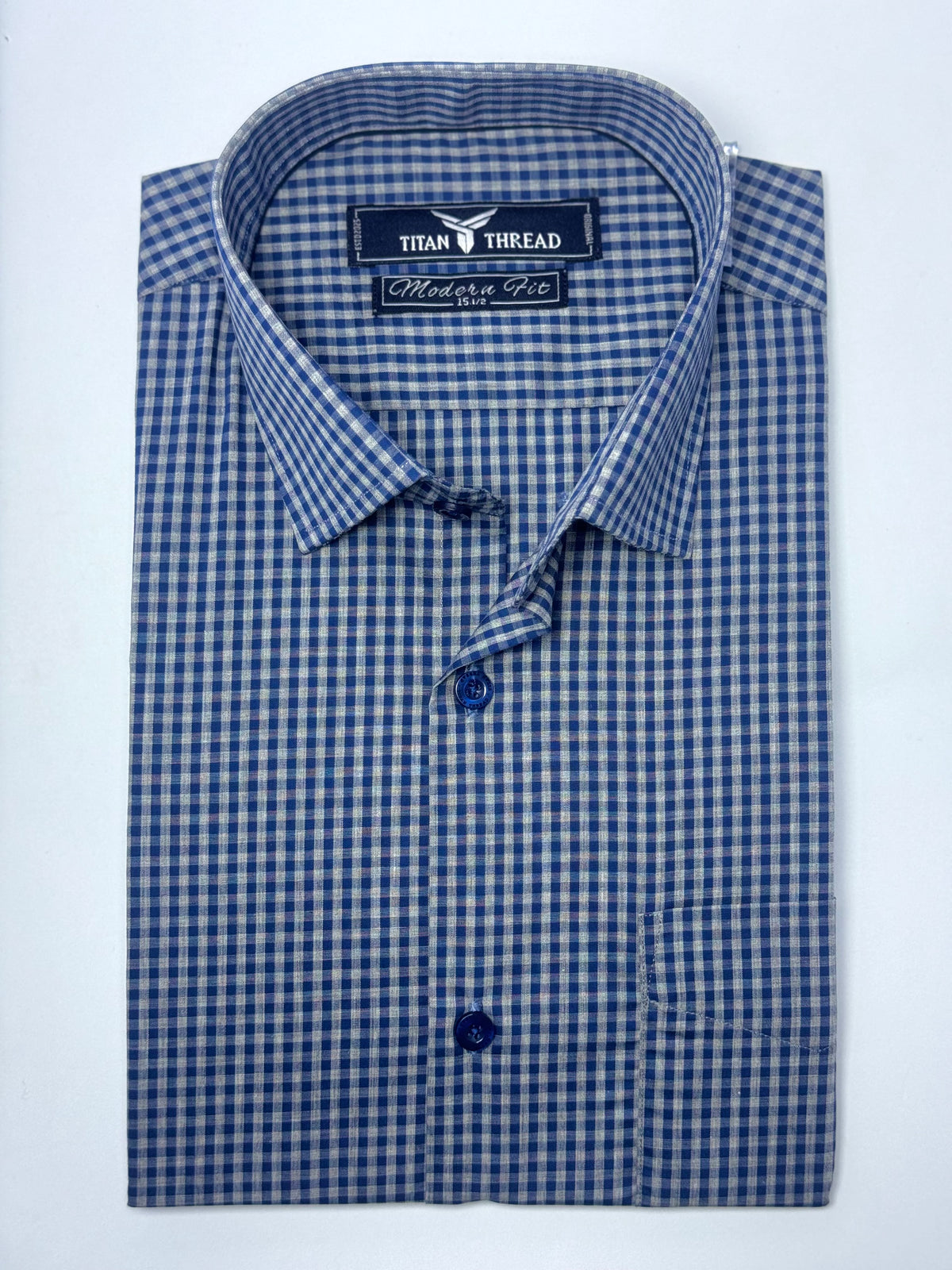 Blue & Gray Gingham Check Formal Shirt