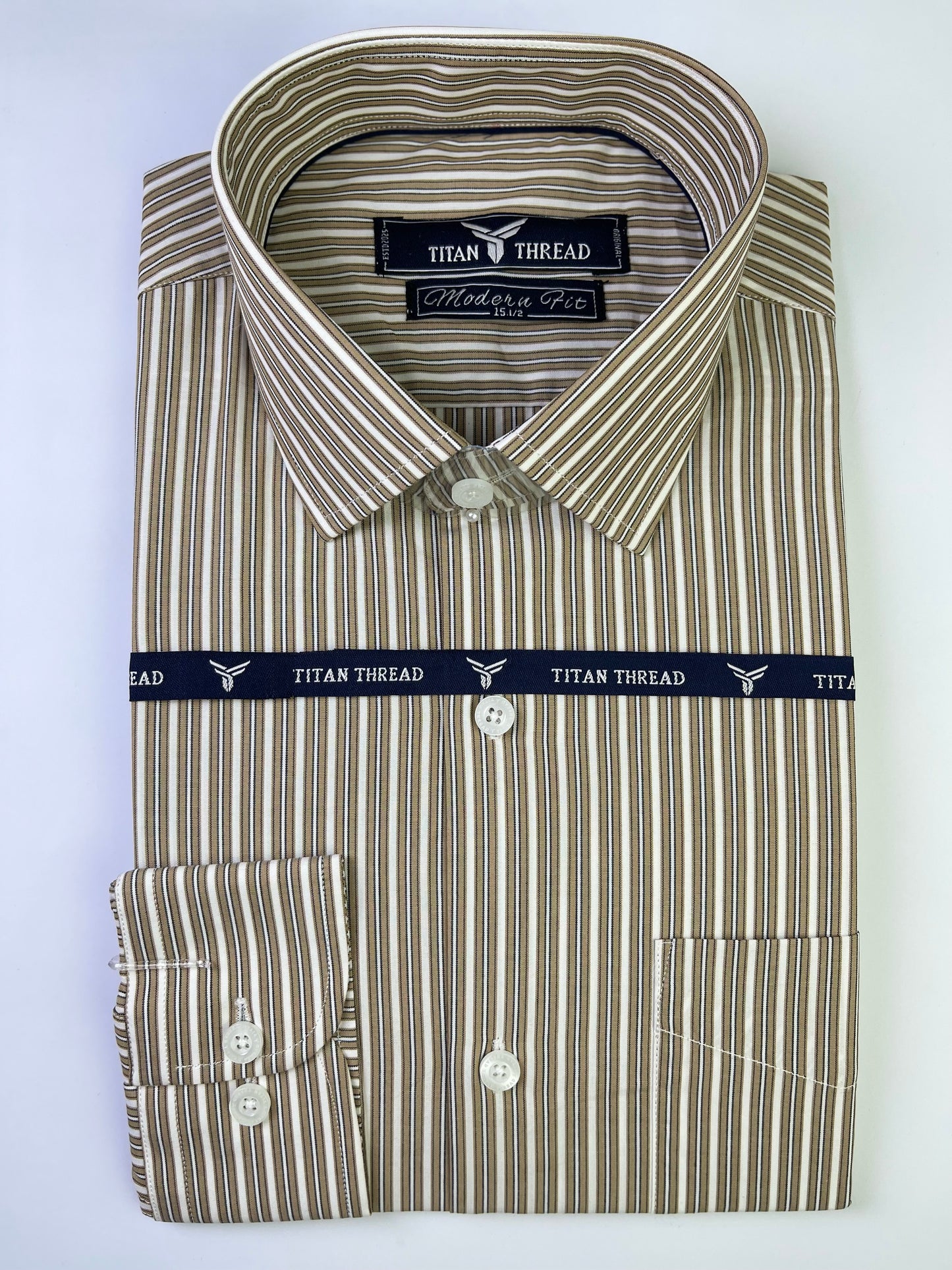 White & Beige Awning Stripe Formal Shirt