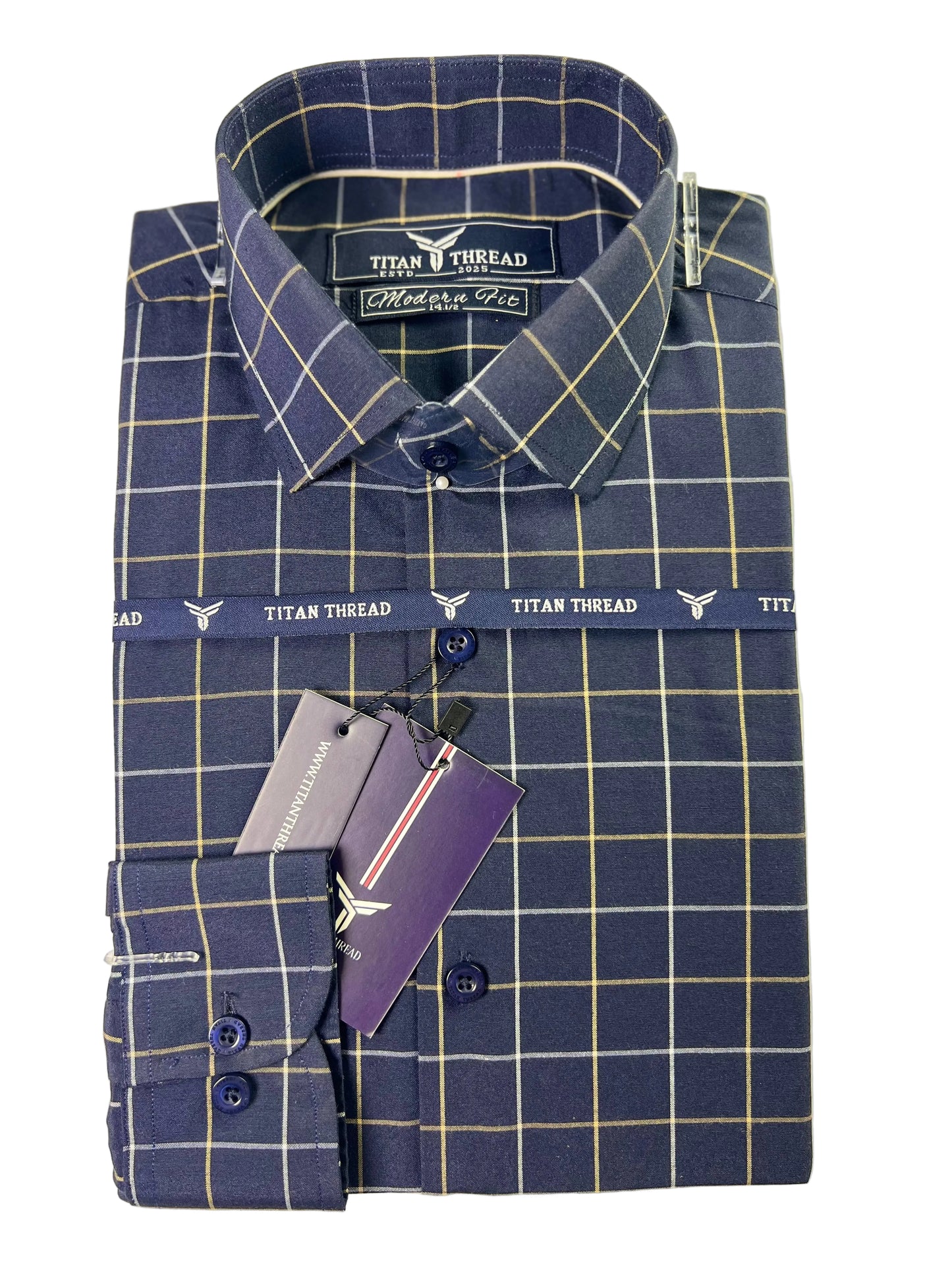 Navy Blue Windowpane Check Formal Shirt