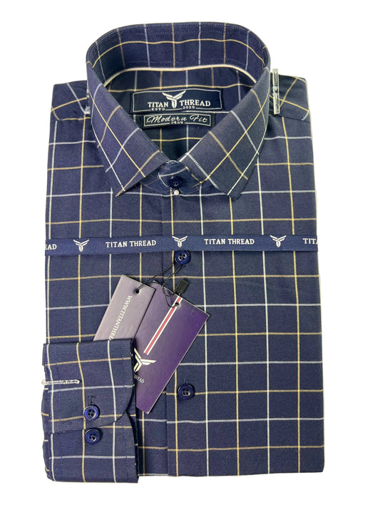 Navy Blue Windowpane Check Formal Shirt