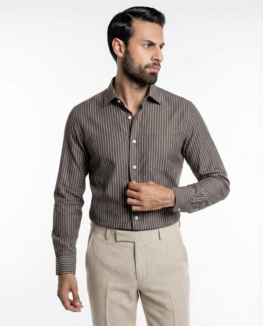 Pencil Stripes on Chocolate Brown Formal Shirt (Slim fit)